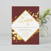 Burgundy Red en Gold Fall Wedding Folie Uitnodiging (Staand Voorkant)