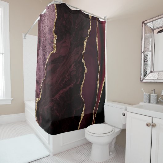 Burgundy Red en Gold Faux Glitter Marble Agate Douchegordijn (In situ)