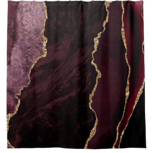 Burgundy Red en Gold Faux Glitter Marble Agate Douchegordijn (Voorkant)