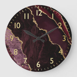 Burgundy Red en Gold Faux Glitter Marble Agate Grote Klok