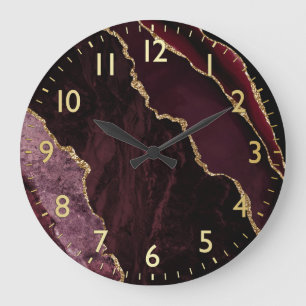 Burgundy Red en Gold Faux Glitter Marble Agate Grote Klok