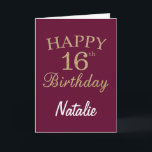 Burgundy Red en Gold Glitter 16th Birthday Card Kaart<br><div class="desc">Burgundy Red en Gold Glitter 16th Birthday Card met persoonlijke naam.Klik voor verdere aanpassingen op de knop "Aanpassen" en gebruik onze ontwerptool om deze sjabloon te wijzigen.</div>