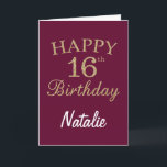 Burgundy Red en Gold Glitter 16th Birthday Card Kaart<br><div class="desc">Burgundy Red en Gold Glitter 16th Birthday Card met persoonlijke naam.Klik voor verdere aanpassingen op de knop "Aanpassen" en gebruik onze ontwerptool om deze sjabloon te wijzigen.</div>