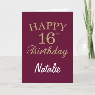 Burgundy Red en Gold Glitter 16th Birthday Card Kaart