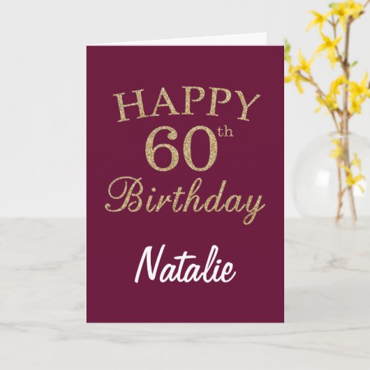 Burgundy Red en Gold Glitter 60th Birthday Card Kaart (Gele Bloem)