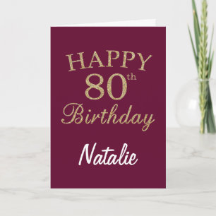 Burgundy Red en Gold Glitter 80th Birthday Card Kaart