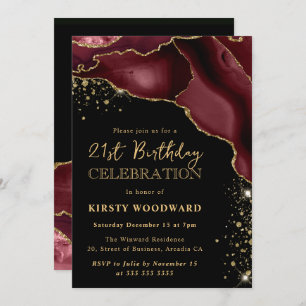 Burgundy Red en Gold Glitter Agate 21st Birthday Kaart