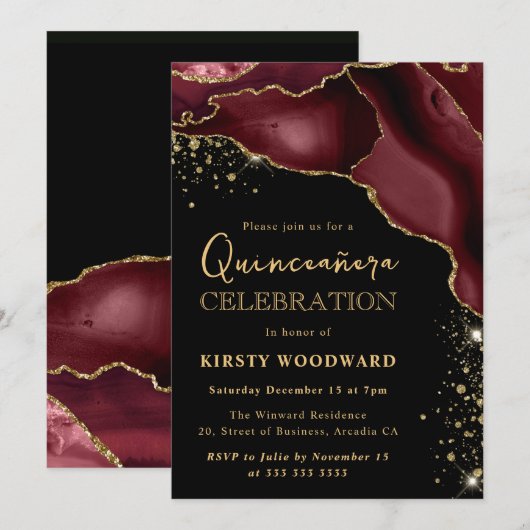Burgundy Red en Gold Glitter Agate Quinceanera Kaart (Voorkant / Achterkant)