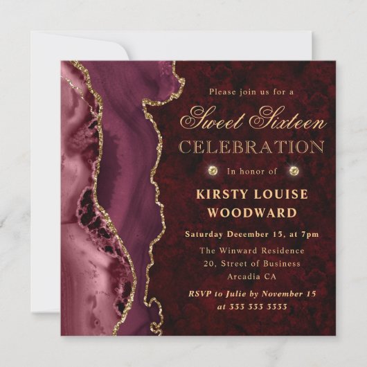 Burgundy Red en Gold Glitter Agate Sweet Sixteen Kaart (Voorkant)