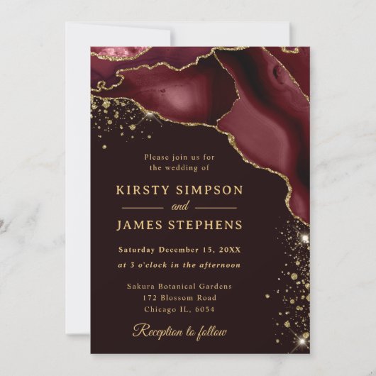 Burgundy Red en Gold Glitter Agate Wedding Kaart (Voorkant)