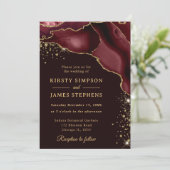 Burgundy Red en Gold Glitter Agate Wedding Kaart (Staand voorkant)