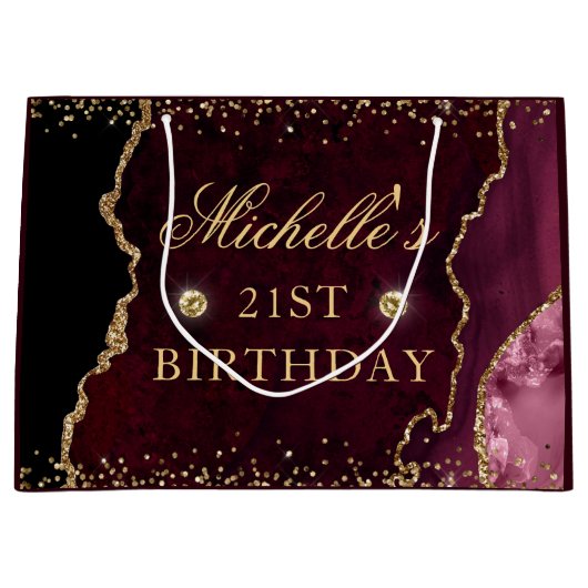 Burgundy Red en Gold Glitter Marble Agate Birthday Groot Cadeauzakje (Voorkant)