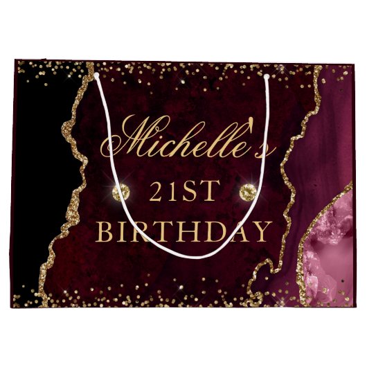 Burgundy Red en Gold Glitter Marble Agate Birthday Groot Cadeauzakje (Achterkant)