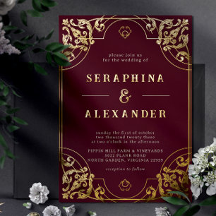 Burgundy Red en Gold    maroon Wedding Folie Uitnodiging