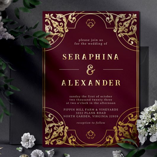 Burgundy Red en Gold |  maroon Wedding Folie Uitnodiging