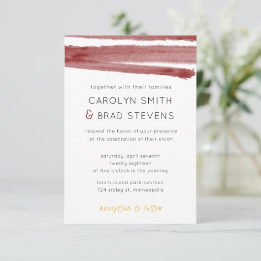 Burgundy Red en Gold Modern Waterverf Wedding Kaart (Staand voorkant)