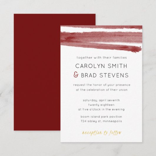 Burgundy Red en Gold Modern Waterverf Wedding Kaart (Voorkant / Achterkant)