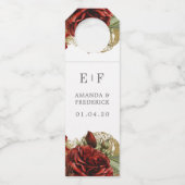 Burgundy Red en Gold Rozen Weddenschap Flessenhanger (Voorkant)