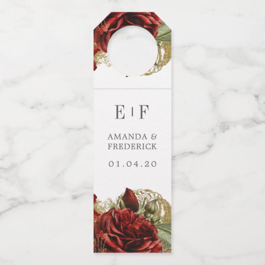 Burgundy Red en Gold Rozen Weddenschap Flessenhanger (Voorkant)