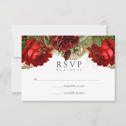 Burgundy Red en Gold  Rozen Weddenschap RSVP Kaartje (Voorkant)