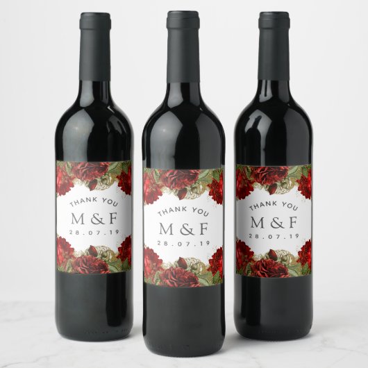 Burgundy Red en Gold Rozen Weddenschap Wijn Etiket (Flessen)