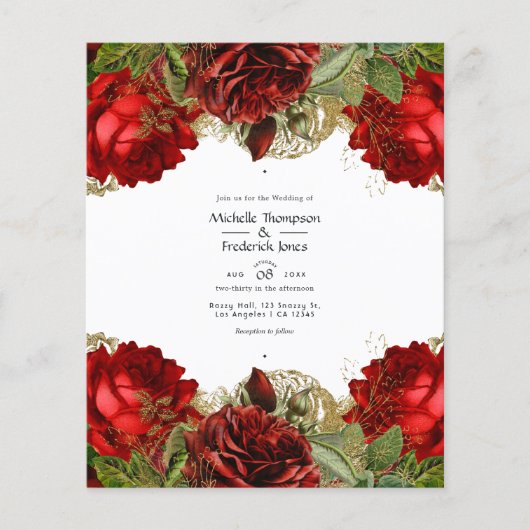 Burgundy Red en Gold Shabby Rozen Weddenschap Flyer (Voorkant)
