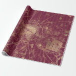 Burgundy Red en Gold Travel Map Cadeaupapier<br><div class="desc">vintage-slijpsel van Parijs en grafisch verpakkingspapier met gouden kaart.</div>