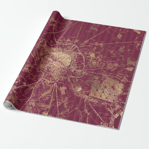 Burgundy Red en Gold Travel Map Cadeaupapier