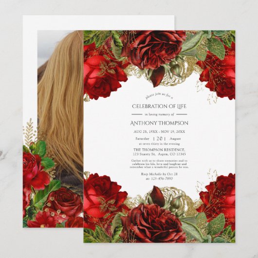 Burgundy Red en Gold  viering van het leven Kaart (Voorkant / Achterkant)