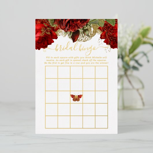 Burgundy Red en Gold  Vrijgezellenfeest Bingo Folie Uitnodiging (Staand Voorkant)