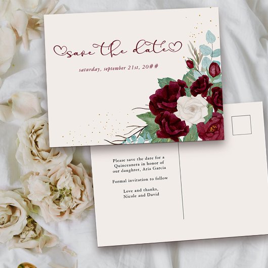 Burgundy Red en Ivory Roos Floral Save the Date Aankondigingskaart