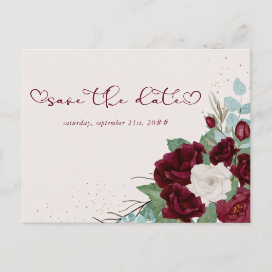 Burgundy Red en Ivory Roos Floral Save the Date Aankondigingskaart (Voorkant)