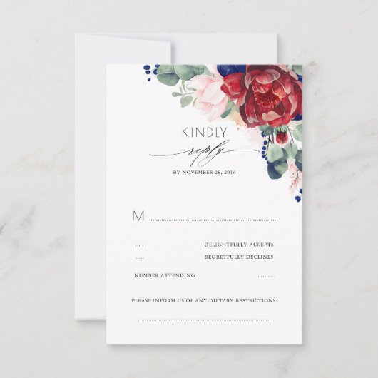 Burgundy Red en Navy Blue Elegant RSVP Kaartje (Voorkant)