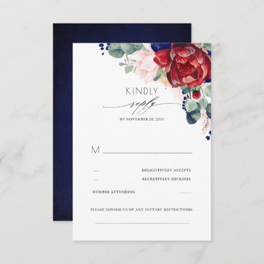 Burgundy Red en Navy Blue Elegant RSVP Kaartje (Voorkant / Achterkant)