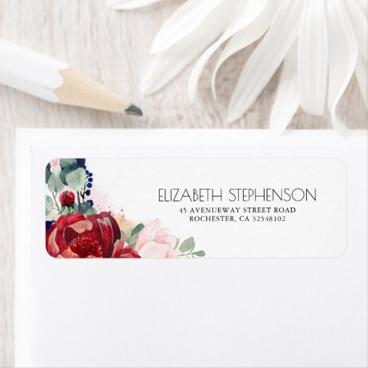 Burgundy Red en Navy Blue Floral Elegant Etiket (Insitu)