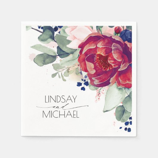 Burgundy Red en Navy Blue Floral Elegant Servet (Voorkant)