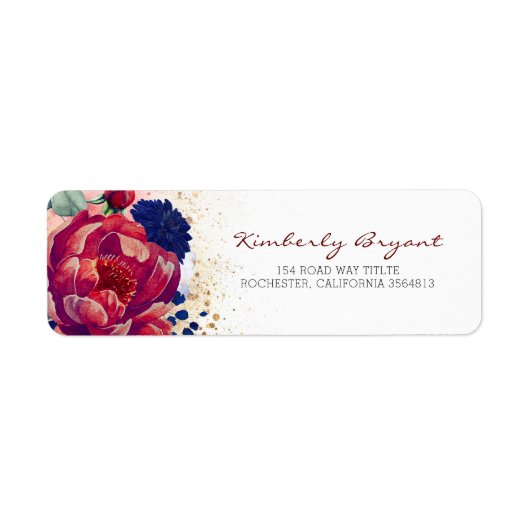 Burgundy Red en Navy Blue Floral Etiket (Voorkant)