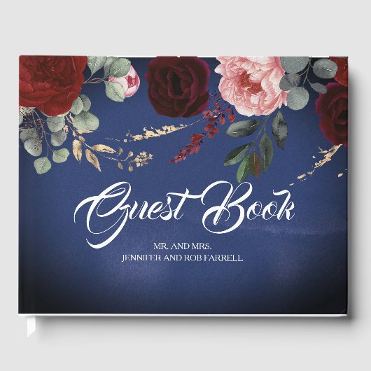 Burgundy Red en Navy Blue Floral Wedding Gastenboek (Voorkant)