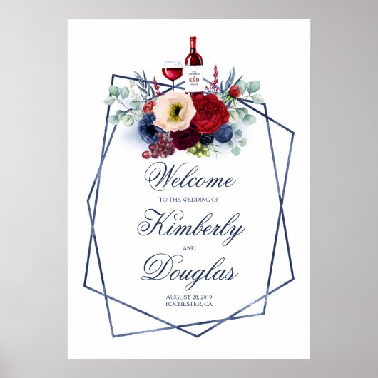 Burgundy Red en Navy Blue Wedding Welcome Sign Poster (Voorkant)