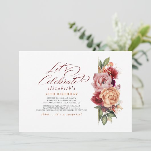 Burgundy Red en Oranje Floral Herfst Haar verjaard Kaart (Staand voorkant)