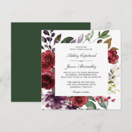 Burgundy Red en Paarse Floral Romantic Wedding Kaart