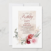 Burgundy Red en Pink Floral Birthday Party Kaart (Voorkant)