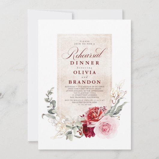 Burgundy Red en Pink Flowers Rehearsal Dinner Kaart (Voorkant)