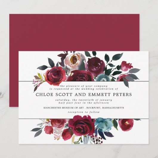 Burgundy Red en Pink Rose Floral Wedding Kaart (Voorkant / Achterkant)