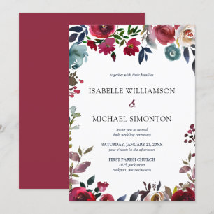 Burgundy Red en Pink Rose Floral Wedding Kaart