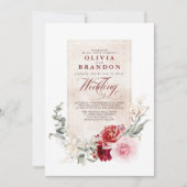Burgundy Red en roze bloemen legant bruiloft Kaart (Voorkant)