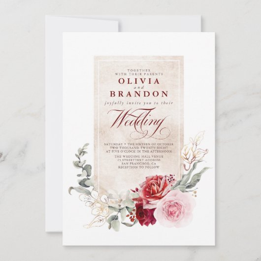Burgundy Red en roze bloemen legant bruiloft Kaart (Voorkant)