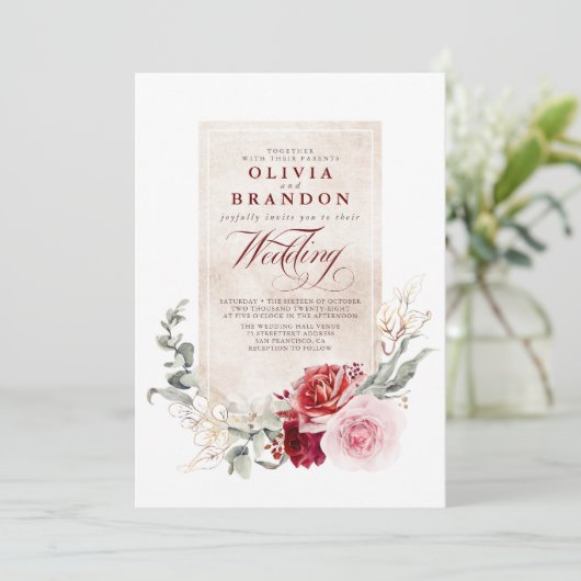 Burgundy Red en roze bloemen legant bruiloft Kaart (Staand voorkant)
