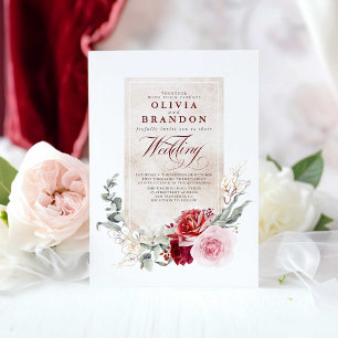 Burgundy Red en roze bloemen legant bruiloft Kaart