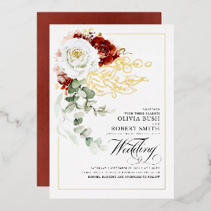 Burgundy Red en White Floral Boho Elegant Wedding Folie Uitnodiging